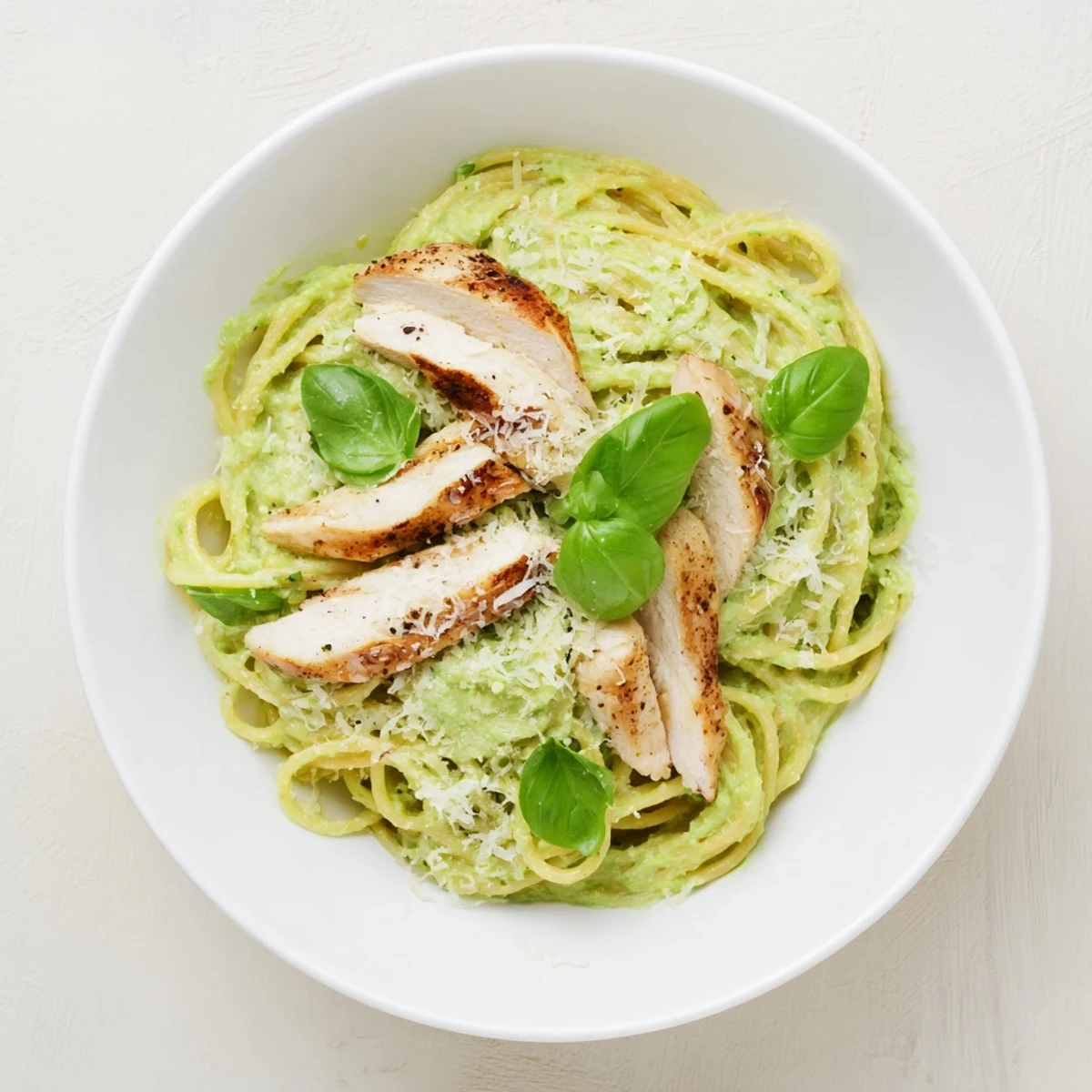 Creamy Avocado Chicken Pasta served on a white plate, with sliced grilled chicken and vibrant green sauce coating every strand of pasta.