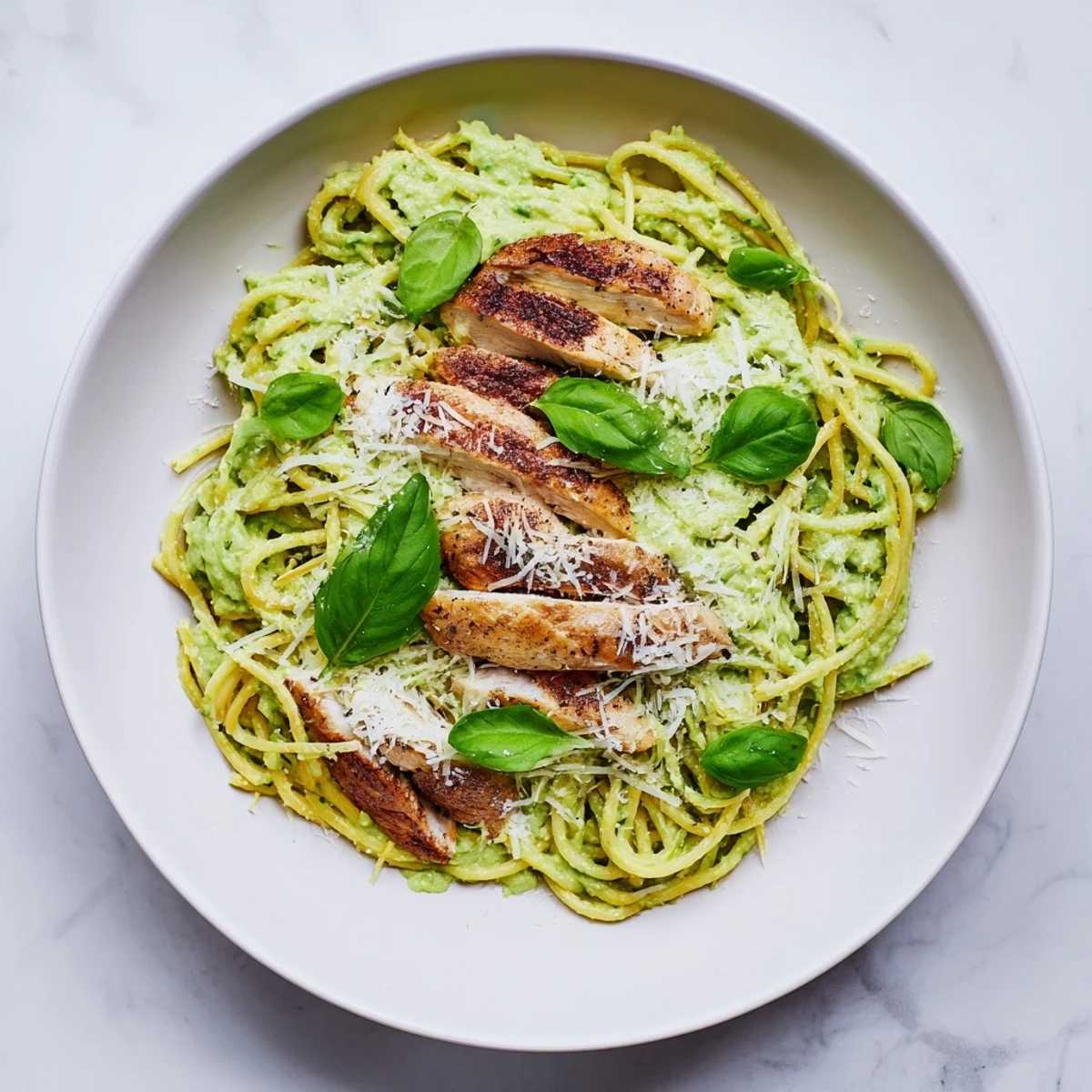 A close-up of Creamy Avocado Chicken Pasta, showcasing fresh basil garnish and a sprinkle of Parmesan over the silky, no-cook sauce.
