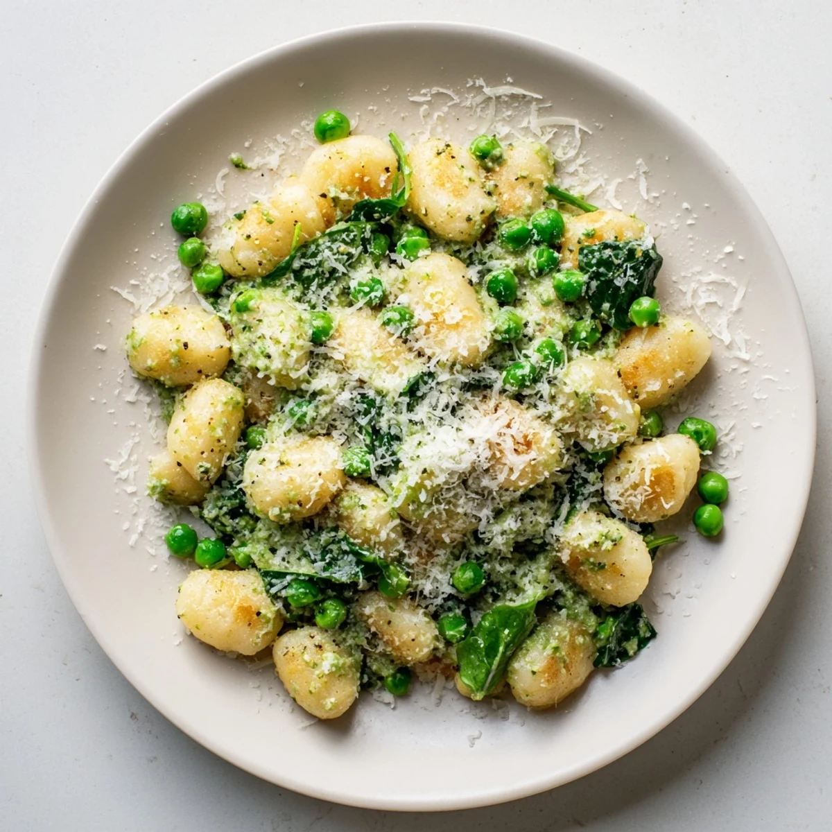 A close-up of crispy gnocchi tossed with sweet peas and spinach, drizzled with pesto and Parmesan.
