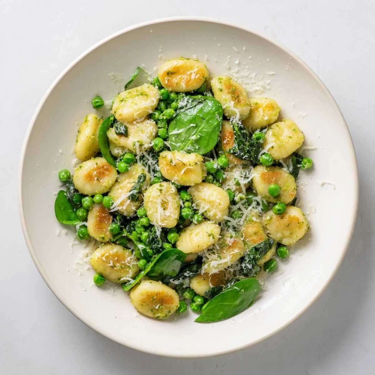 Golden pan-fried gnocchi with vibrant green peas and fragrant basil pesto in a sizzling skillet, ready to serve.