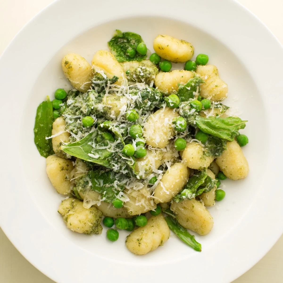 Sizzling skillet of Pesto Pea Gnocchi Skillet, garnished with fresh basil and lemon zest for a bright finish.