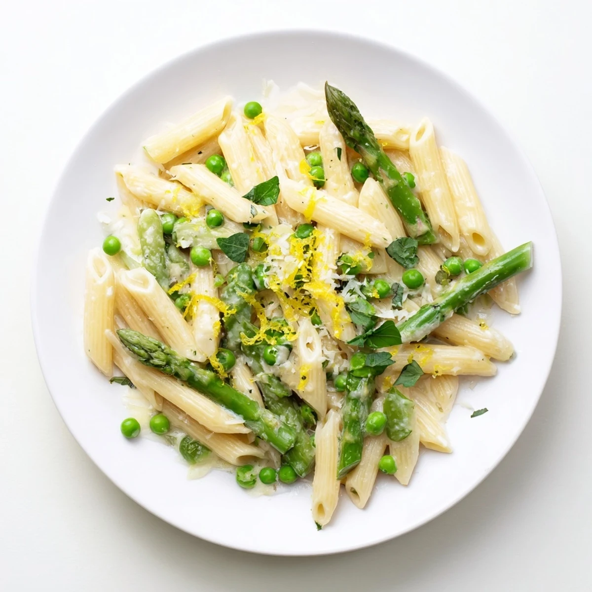 Overhead view of steaming Garlic Parmesan Spring Vegetable Pasta, penne coated in a silky cream sauce with crisp-tender vegetables on a white plate.