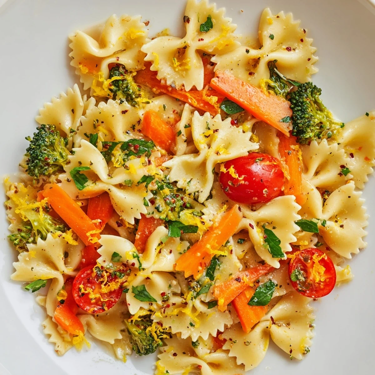 A vibrant bowl of Rainbow Veggie Pasta Primavera featuring al dente bow-tie pasta tossed with colorful vegetables in a glossy olive oil and garlic sauce.