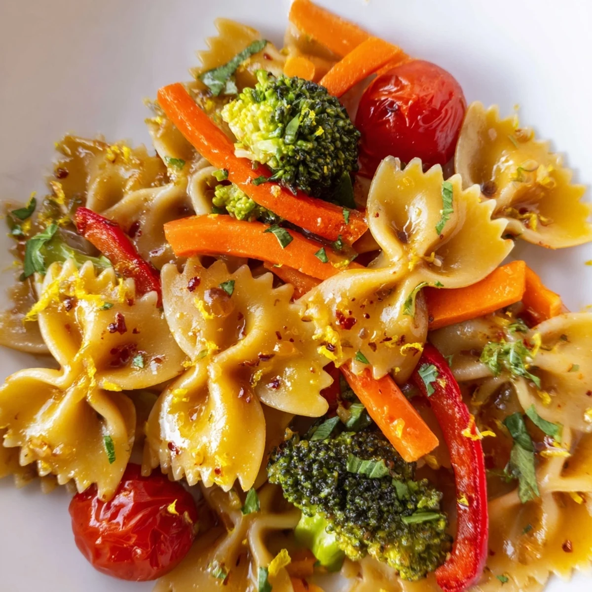 Freshly chopped basil and parsley garnish this vegetarian Rainbow Veggie Pasta Primavera, served warm with a sprinkle of Parmesan for a bright, family-style dinner.