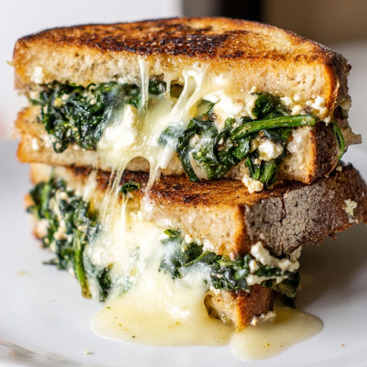 A close-up of a Feta & Spinach Stuffed Grilled Cheese oozing with creamy mozzarella and tangy feta, ready to be enjoyed.