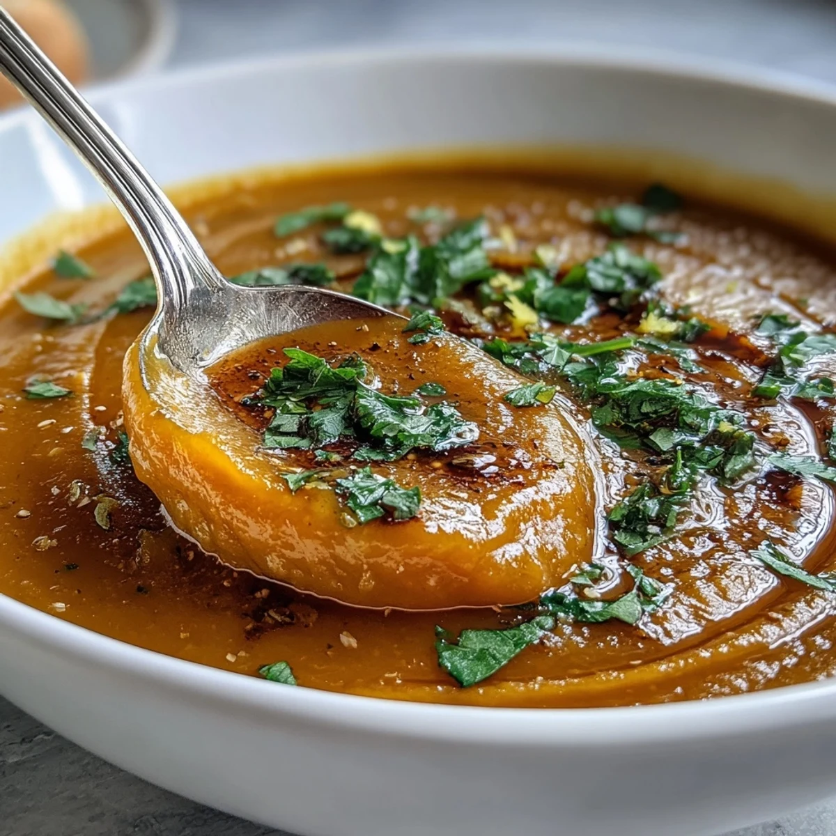 Smooth butternut squash and lentil soup, vibrant orange, topped with cilantro.