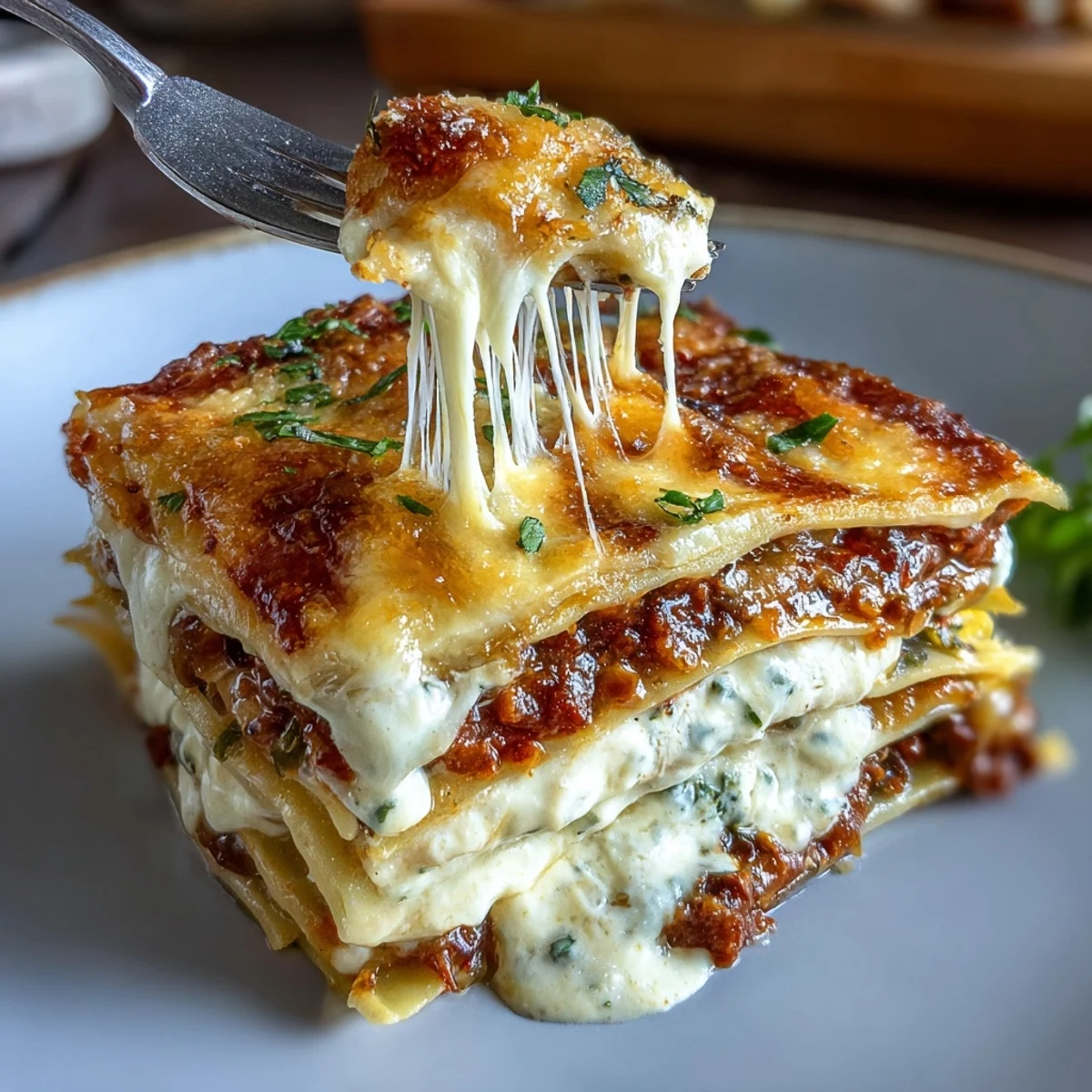 Serving a generous portion of One-Pan Smoky Veggie Lentil Lasagne on a white plate, garnished with fresh basil.