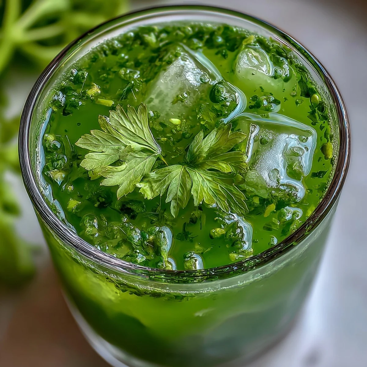 A pitcher of Celery Ginger Lemon Juice poured into a glass over ice, highlighting its bright green hue. 