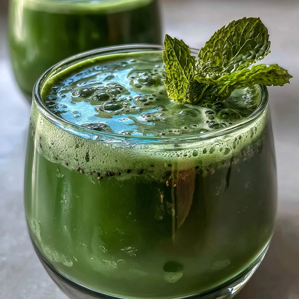 A tall glass of vibrant Green Detox Smoothie filled with blended romaine, spinach, and chia seeds, garnished with a fresh mint sprig for a refreshing morning boost.