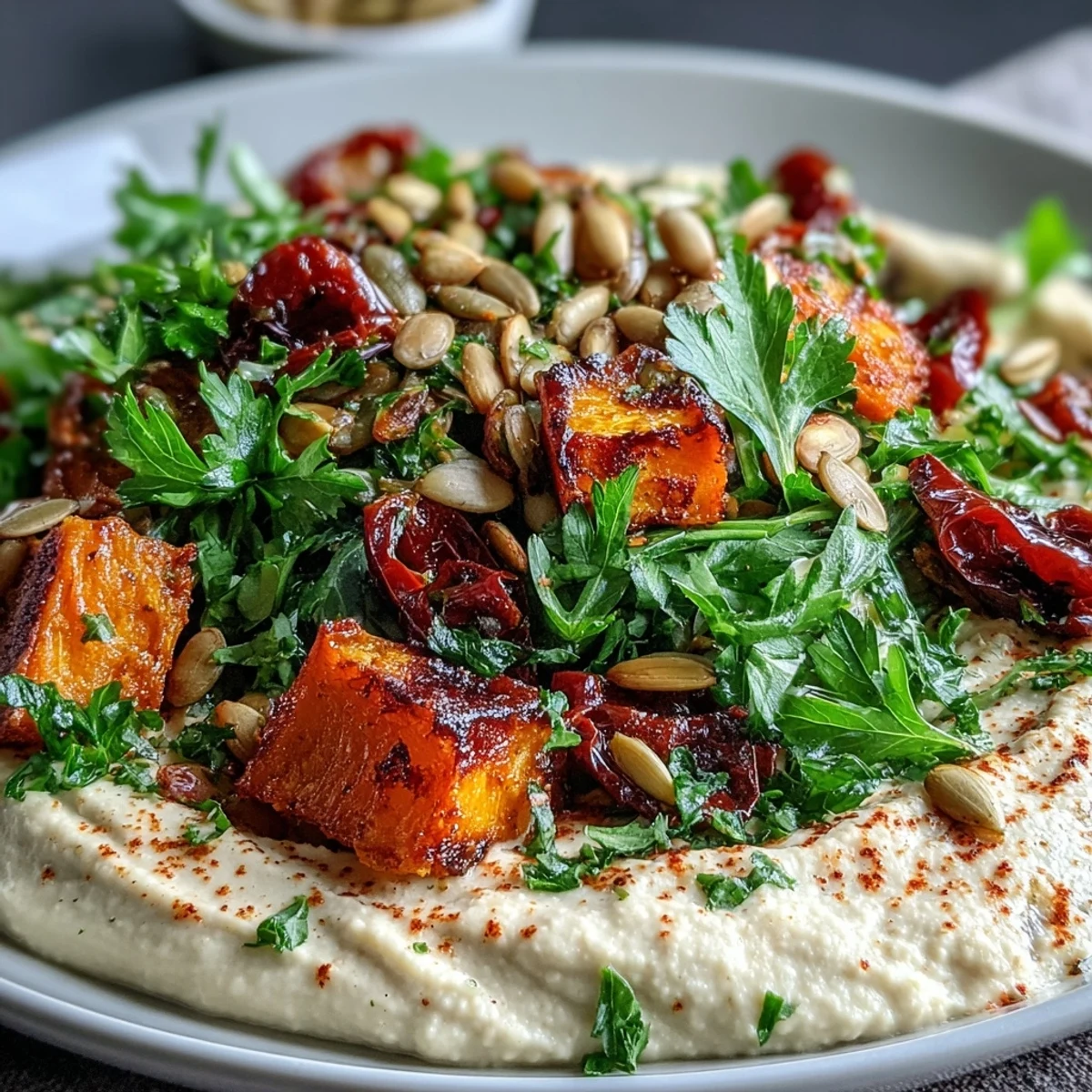 Golden roasted vegetables and smoky paprika garnish a hearty plate of squash and hummus winter salad, ready to serve warm.