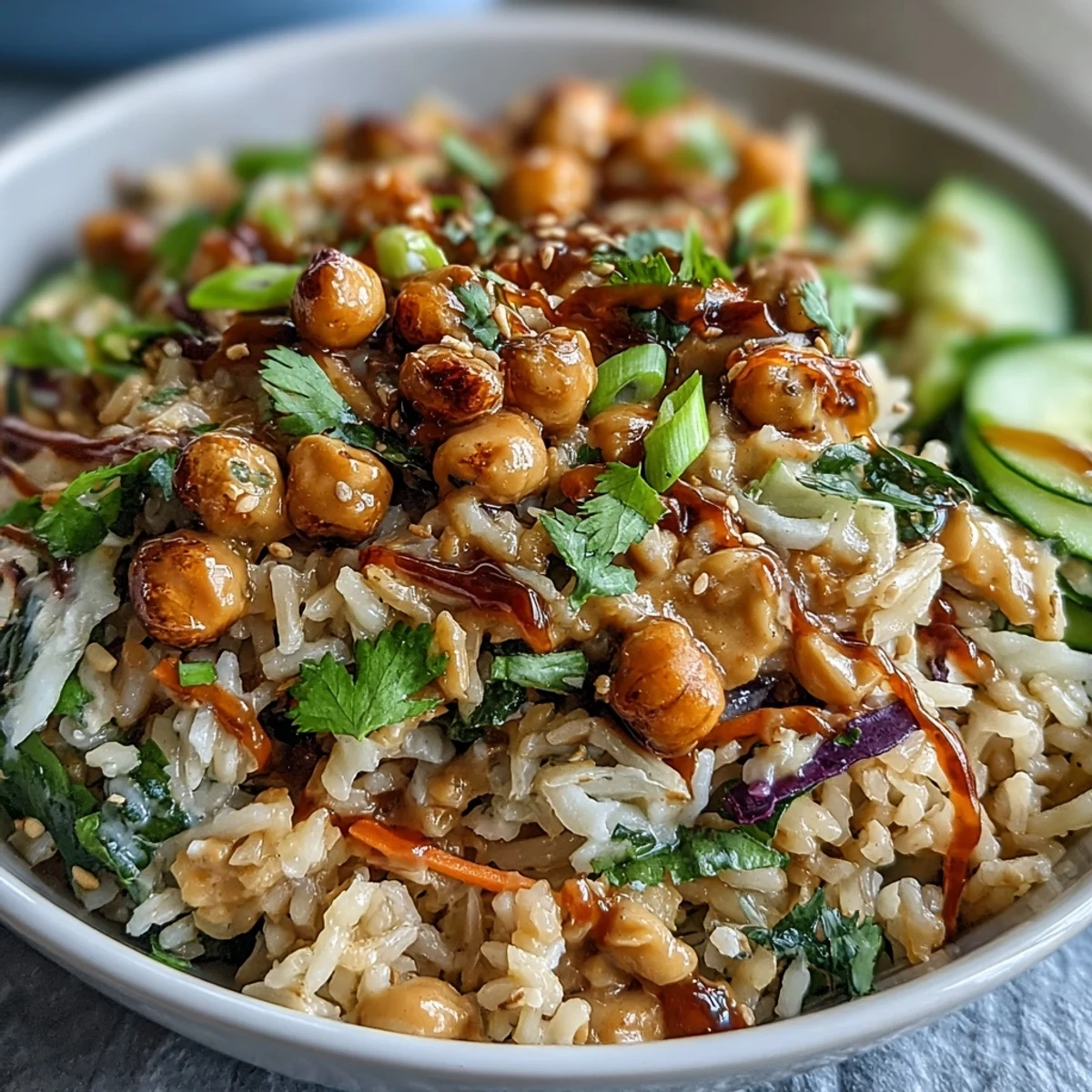 Vibrant Peanut Chickpea Rice Bowl topped with fresh cilantro and scallions, ready to serve for a quick dinner.