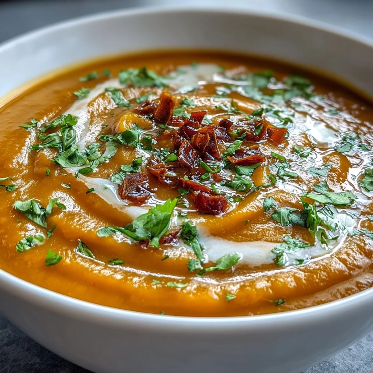 A warm bowl of vibrant Carrot, Celeriac, and Chilli Soup, garnished with fresh coriander and a swirl of vegan yogurt.