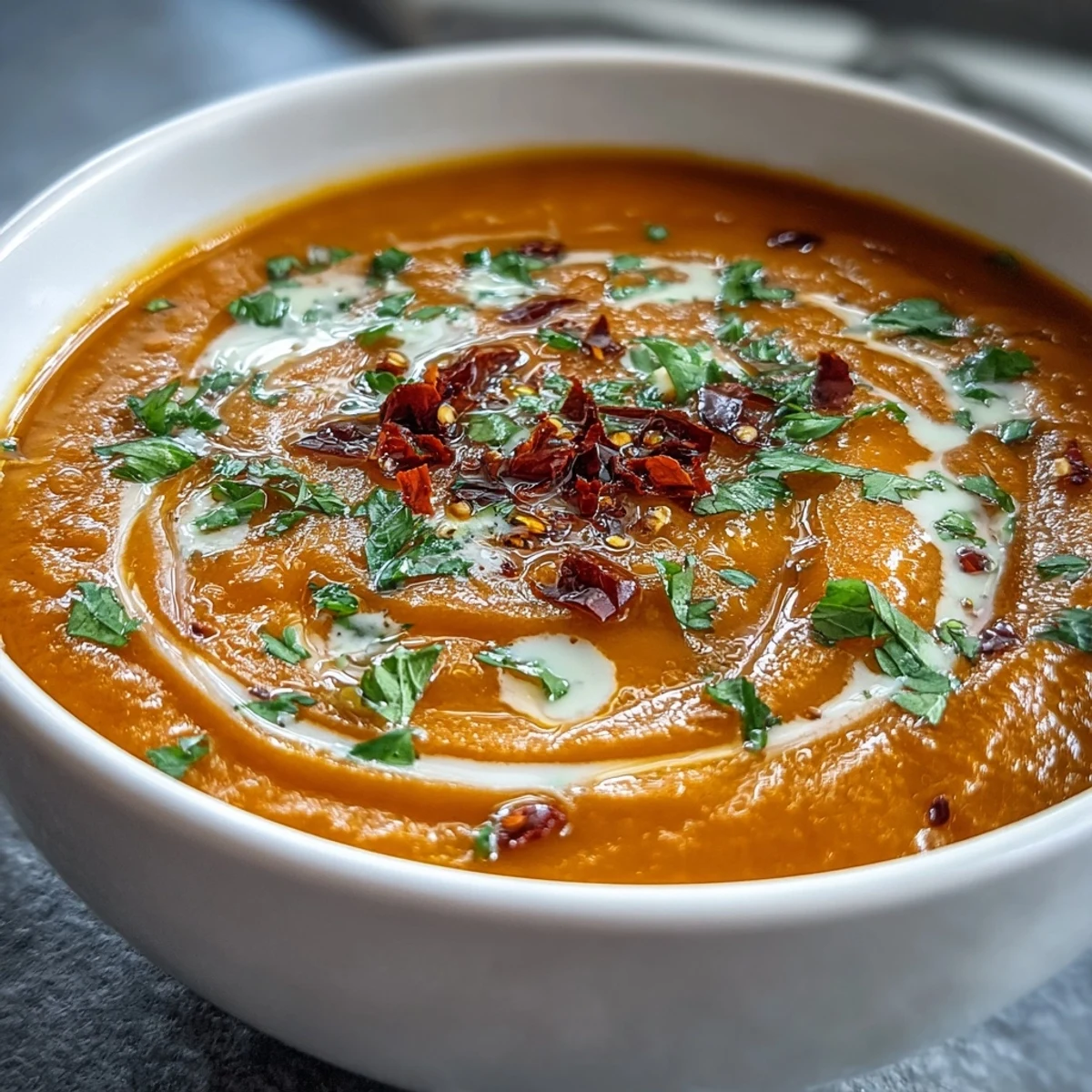 Hearty Carrot, Celeriac, and Chilli Soup in a rustic bowl, steam rising from the golden, spiced puree.