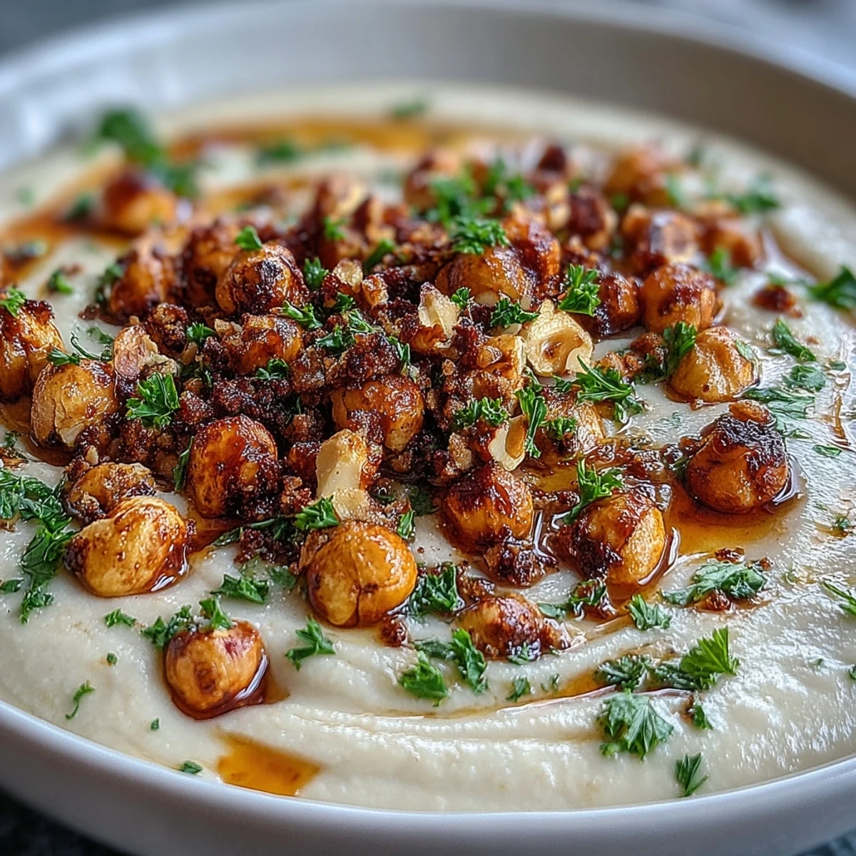 A warm bowl of celeriac soup topped with crunchy hazelnut crumble, garnished with fresh parsley for a cozy vegetarian meal.