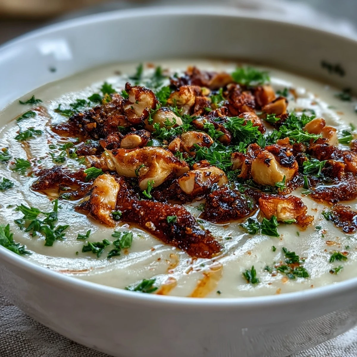Rich celeriac soup with a smooth finish and crisp hazelnut topping, ideal for an easy, gluten-free weeknight dinner.