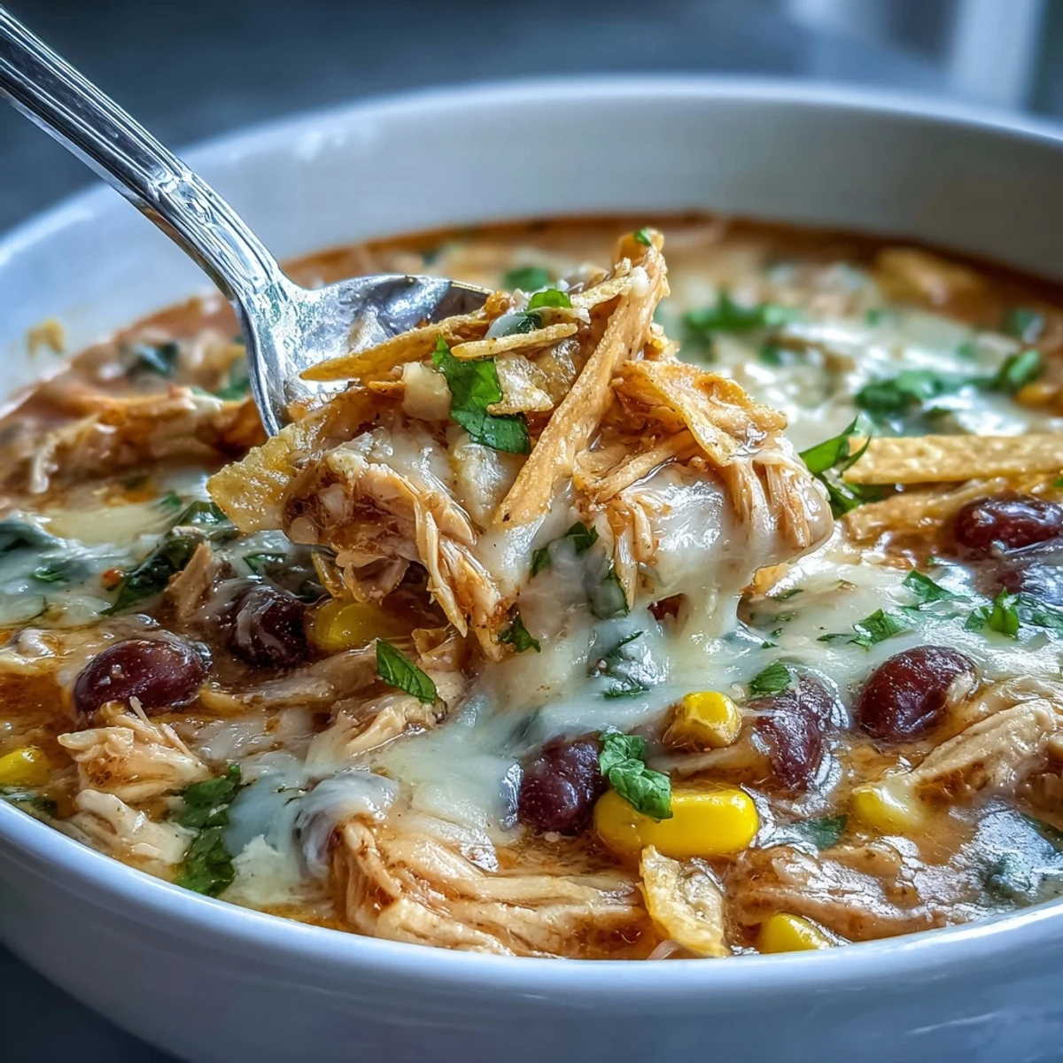 Creamy Easy Chicken Tortilla Soup with tender shredded chicken, black beans, corn, and melted cheddar cheese.  