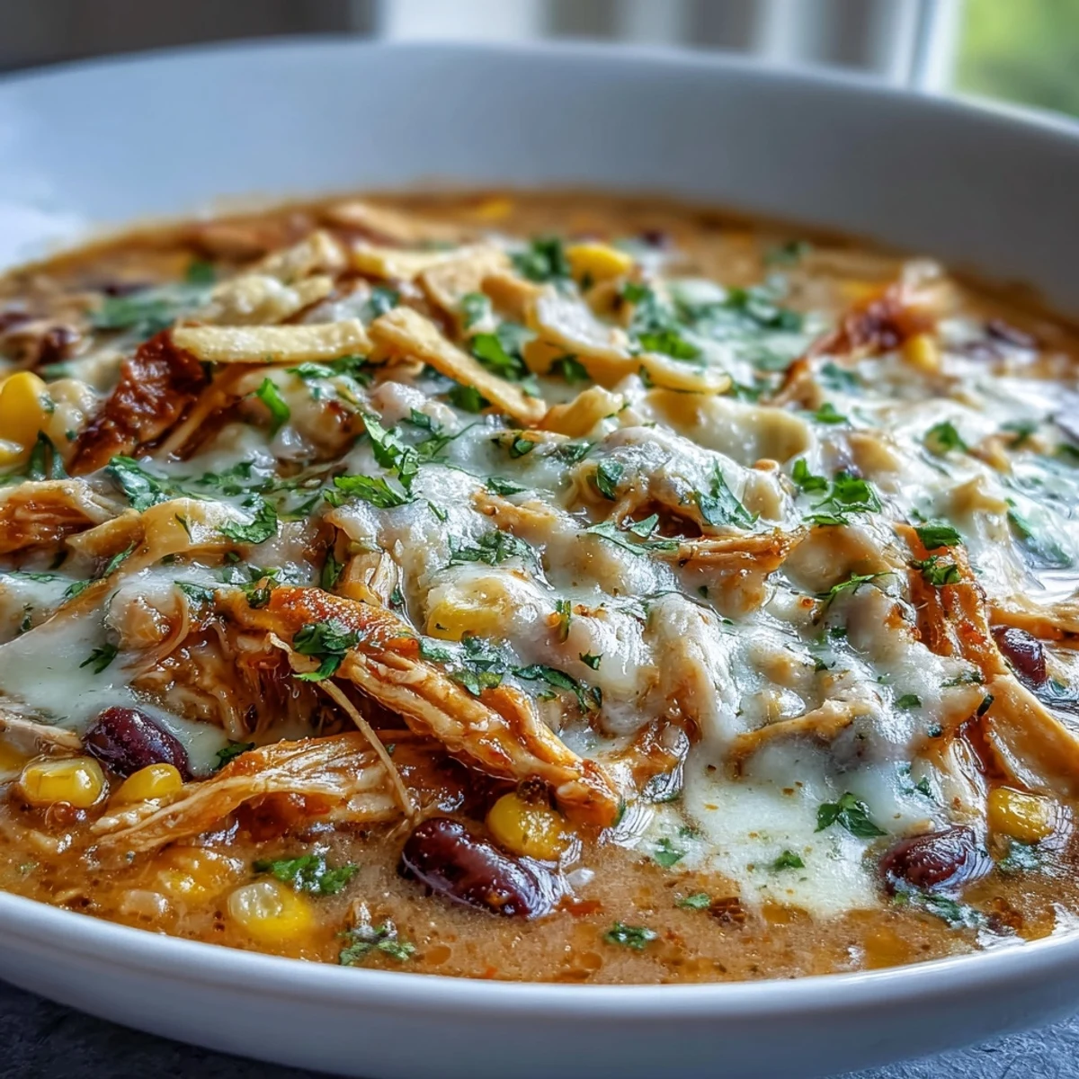 Hearty bowl of Easy Chicken Tortilla Soup garnished with tortilla strips, fresh cilantro, and lime wedges.  