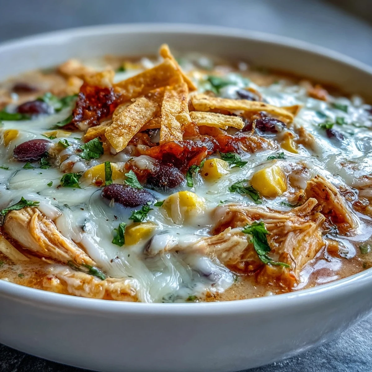 Spicy and savory Easy Chicken Tortilla Soup topped with jalapeños and extra cheese in a rustic bowl.