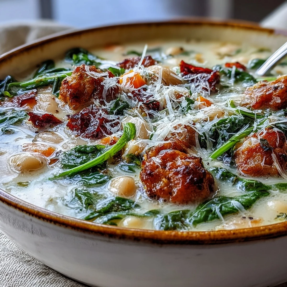Rustic bowl of Creamy Tuscan White Bean Soup With Sausage, garnished with spinach and served alongside crusty bread.