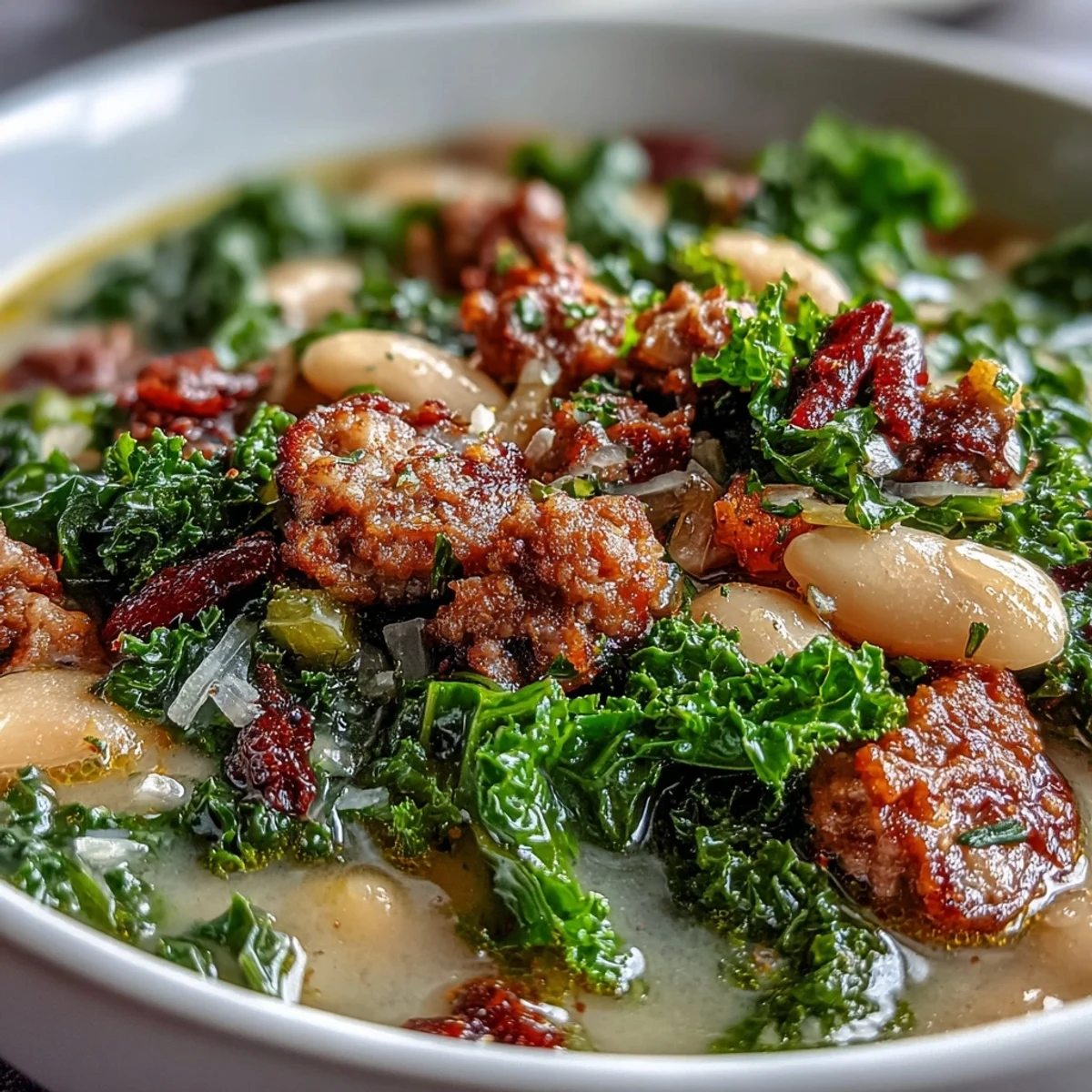 Bowl of Italian White Bean Soup with Kale and Sausage, featuring tender kale leaves and crumbled spicy sausage in a creamy broth.