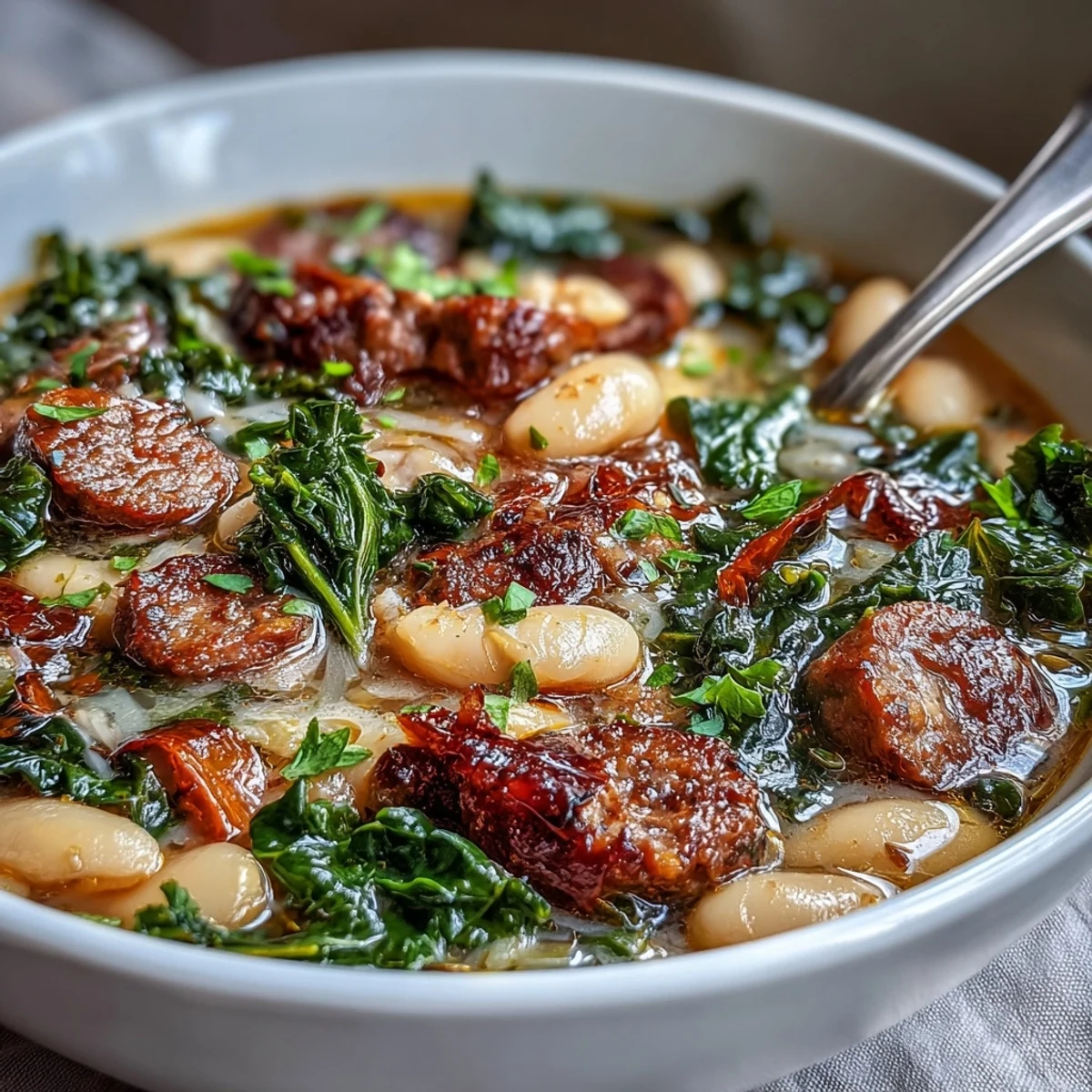 Steaming pot of Italian White Bean Soup with Kale and Sausage, garnished with grated Parmesan and a side of crusty bread.