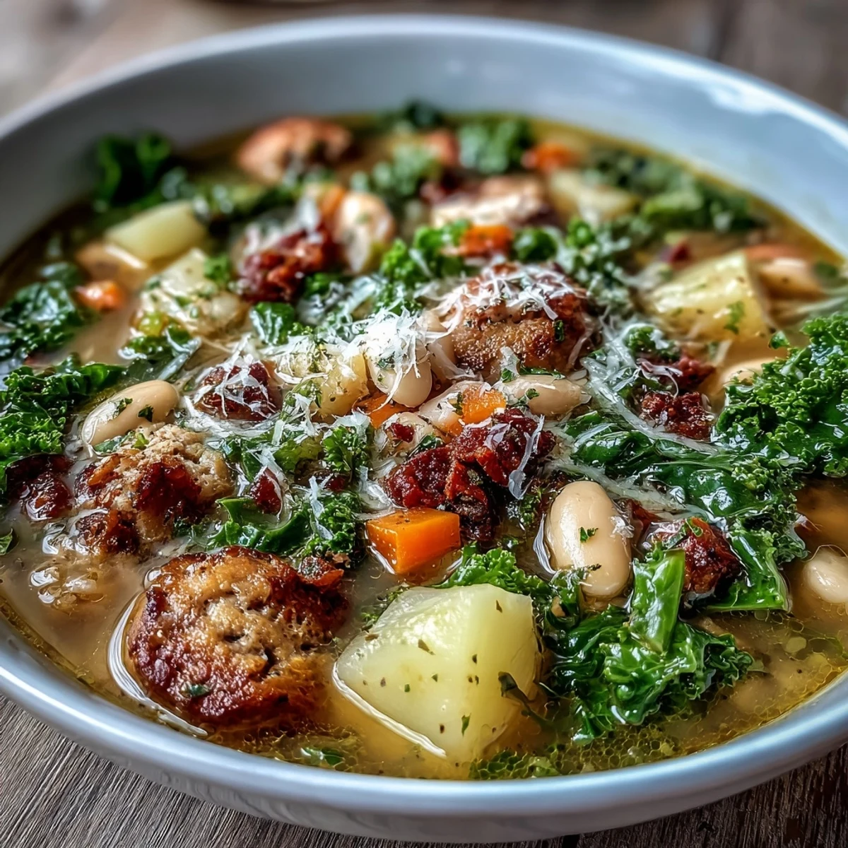 A close-up of Tuscan White Bean Sausage Soup showing crumbled Italian sausage, creamy white beans, and wilted kale in a rich broth.