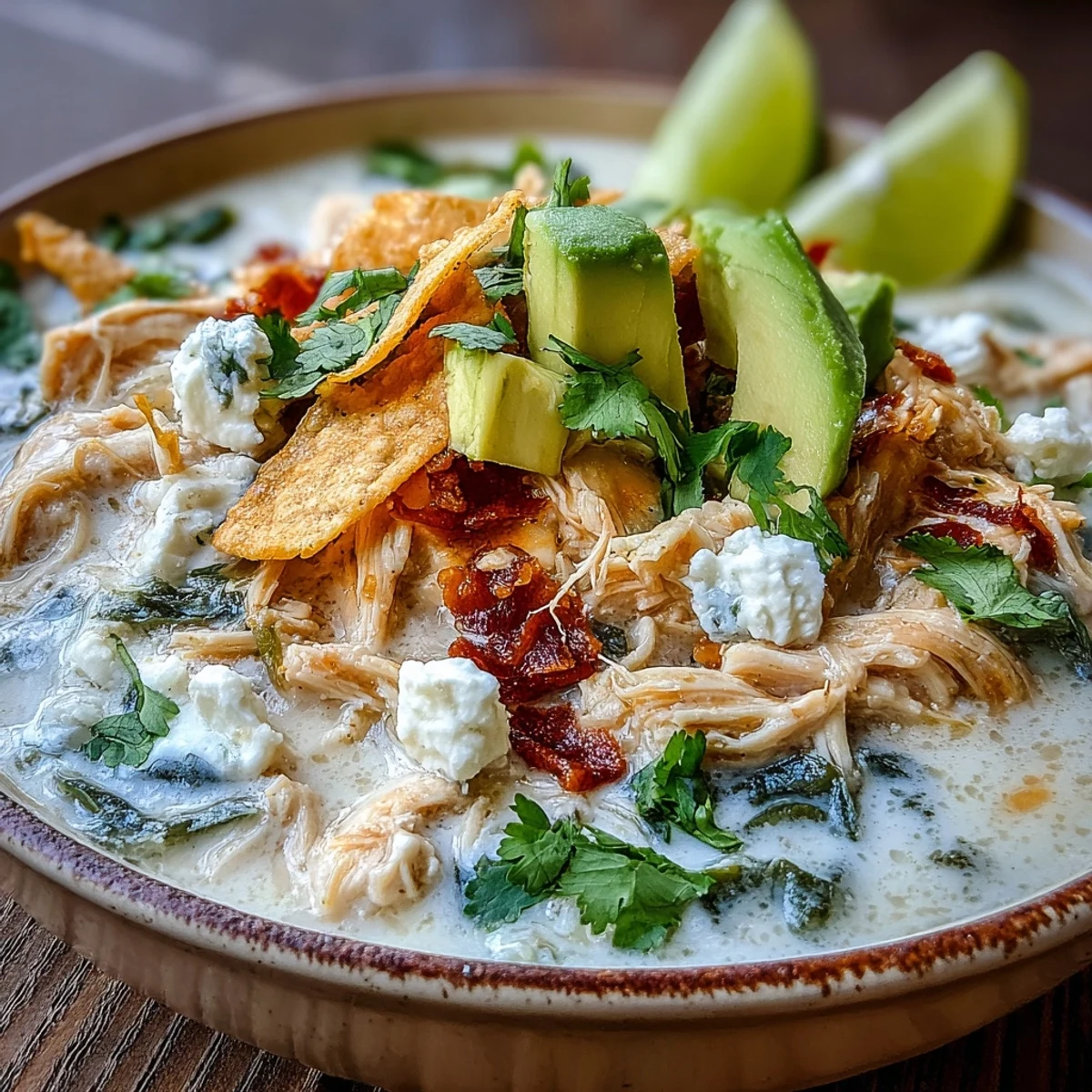 Creamy Chicken Tortilla Soup ladle into a bowl, topped with diced avocado, crushed tortilla chips, and fresh cilantro.