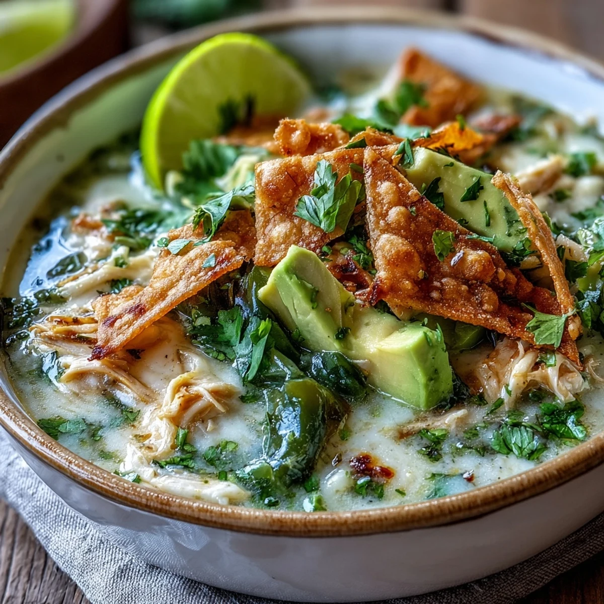 A close-up of Creamy Chicken Tortilla Soup garnished with avocado, tortilla chips, and a squeeze of fresh lime.