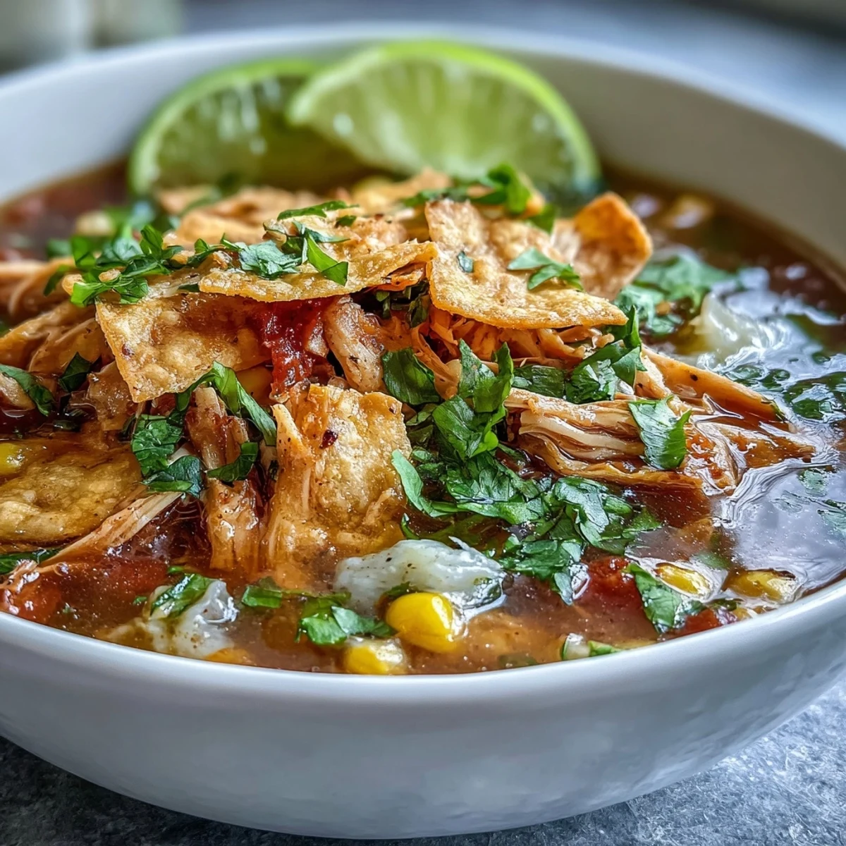 A steaming bowl of Best Chicken Tortilla Soup topped with crispy tortilla strips, avocado, and fresh cilantro.  