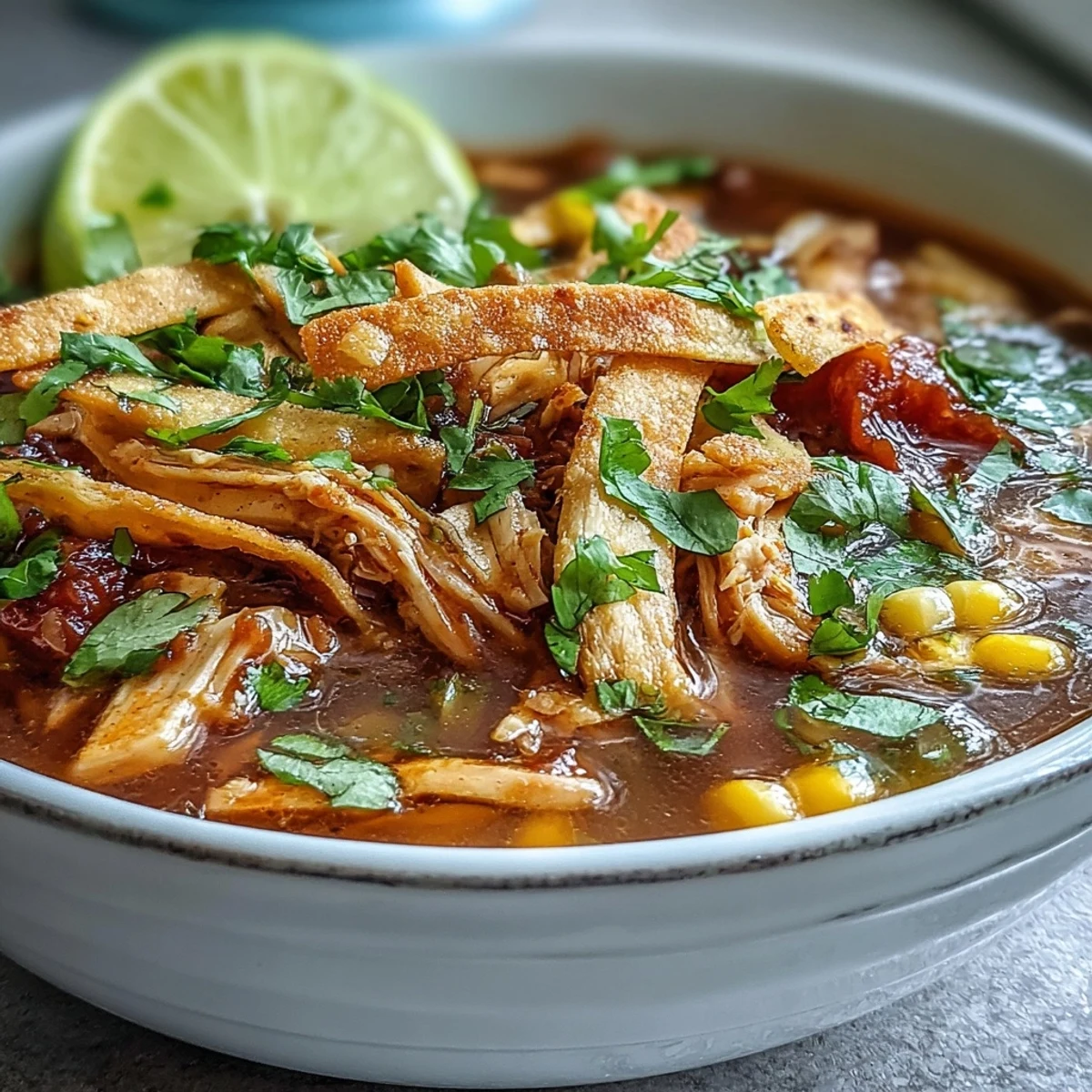 Serving Best Chicken Tortilla Soup with lime wedges and melted cheese on a rustic kitchen table.