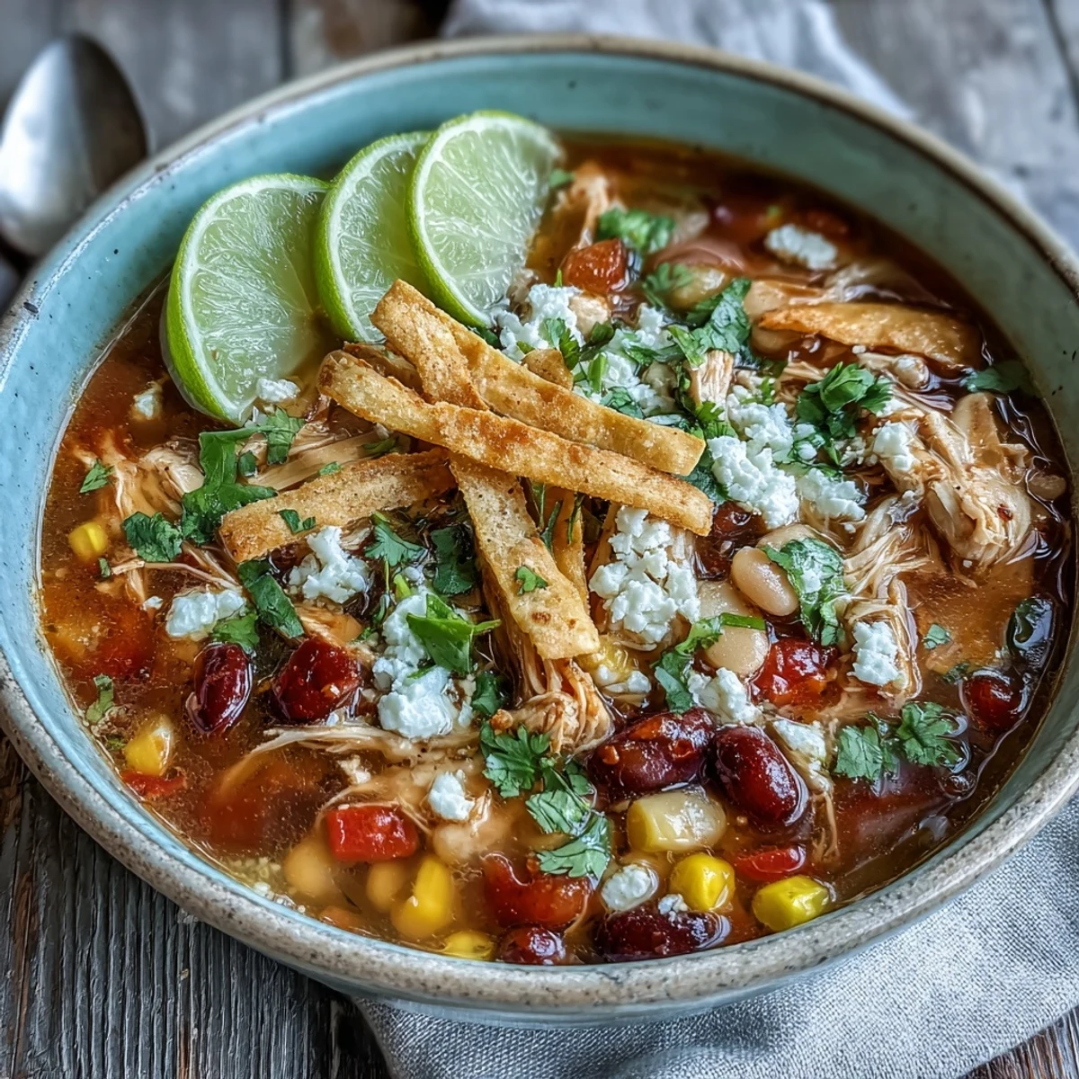 Tender shredded chicken and pinto beans simmer in a rich, aromatic tomato broth in this classic Chicken Tortilla Soup.