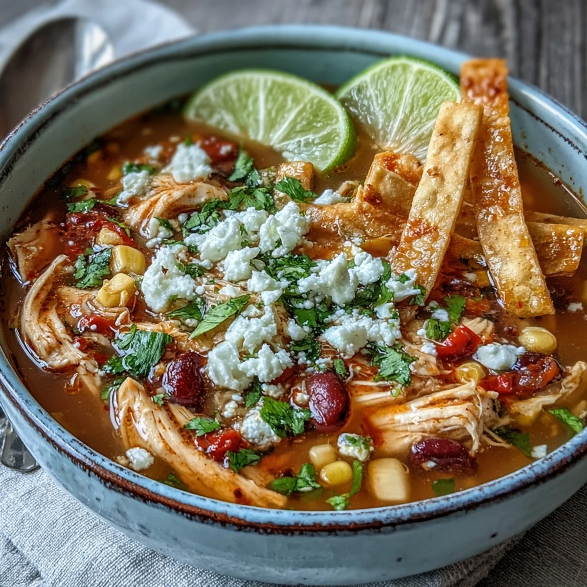A steaming bowl of Chicken Tortilla Soup topped with crispy corn tortilla strips, fresh cilantro, and crumbled cotija cheese.