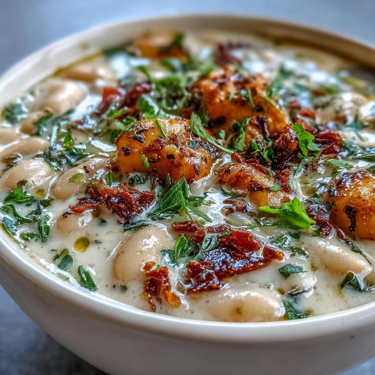 A close-up of Creamy Tuscan White Bean Soup topped with grated Parmesan, a drizzle of olive oil, and warm crusty bread on the side.