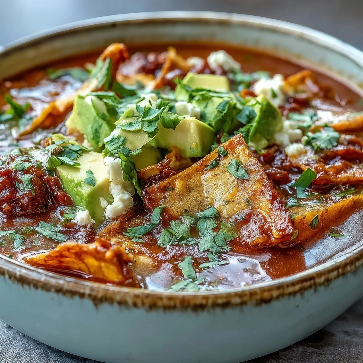 Crispy tortilla strips and creamy panela cheese top a warm bowl of Sopa Azteca, with fresh cilantro and avocado adding vibrant color.