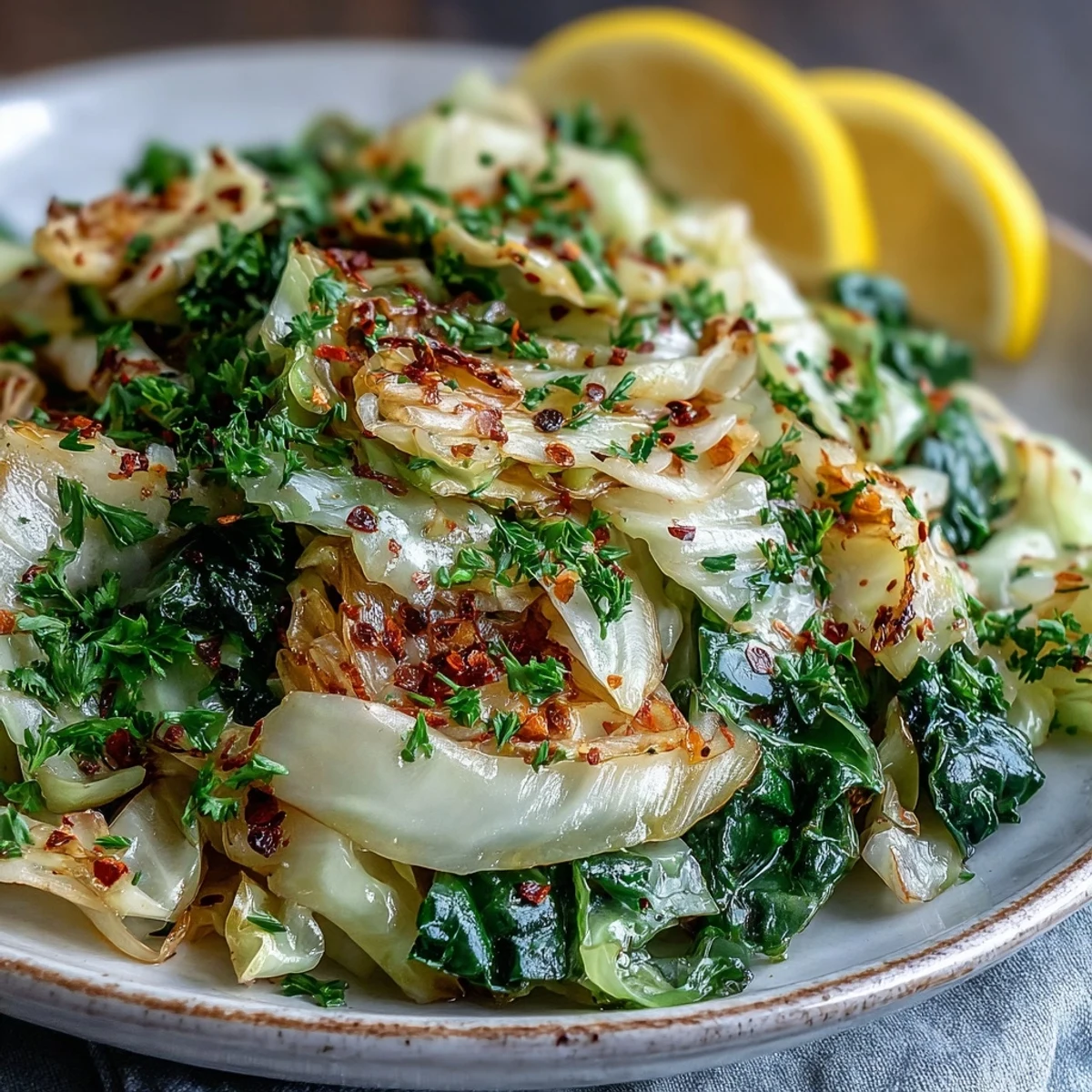 Sautéed Cabbage With Garlic and Mediterranean Spices, sautéed in olive oil until tender-crisp with golden edges, finished with fresh parsley and lemon.