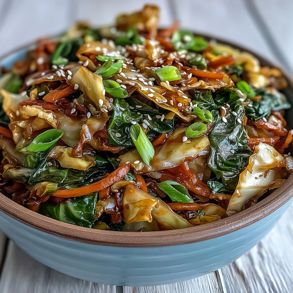 Freshly stir-fried Hot and Sour Cabbage glistens with a savory sauce, garnished with scallions and sesame seeds on a wooden board.  