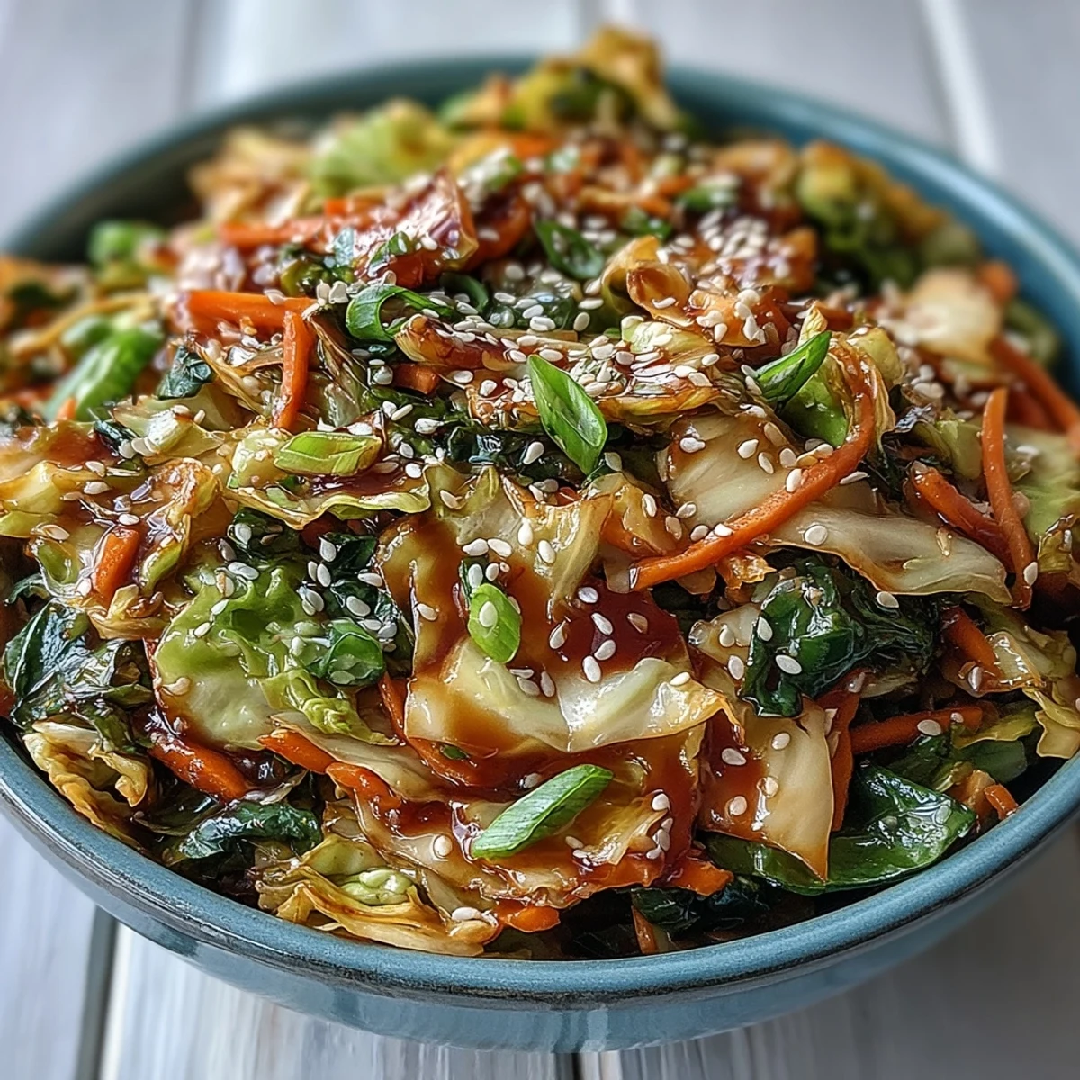 A close-up of vibrant Hot and Sour Cabbage, featuring crisp green cabbage ribbons and julienned carrots tossed in a tangy glaze.  