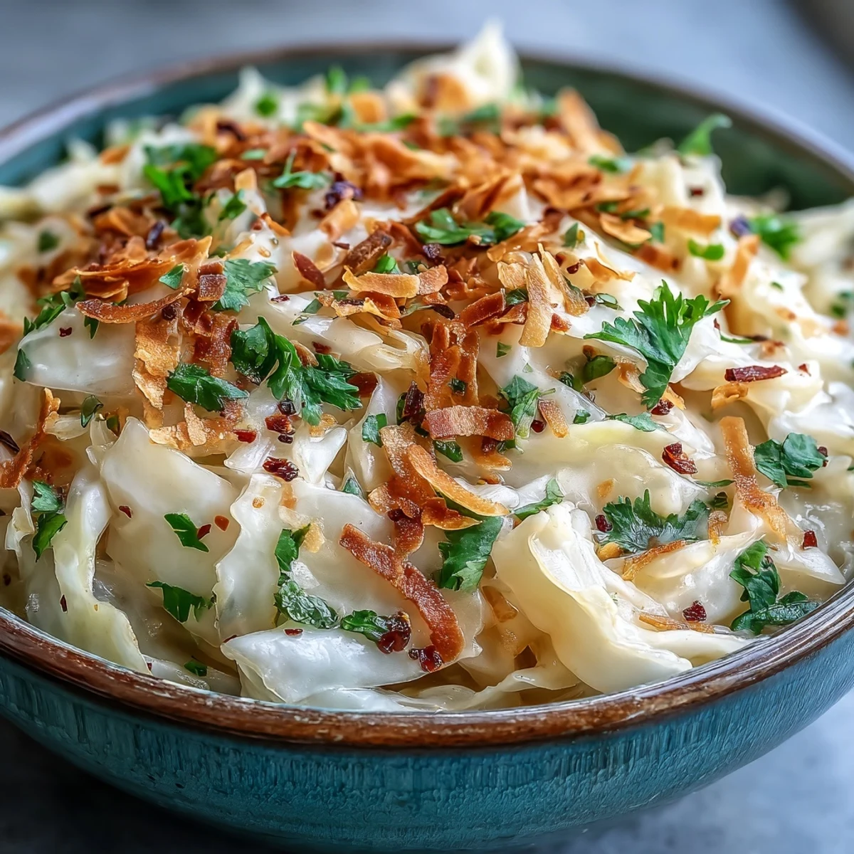Aromatic, golden-hued Coconut Braised Cabbage with onions and ginger, ready to serve as a flavorful, gluten-free weeknight side.