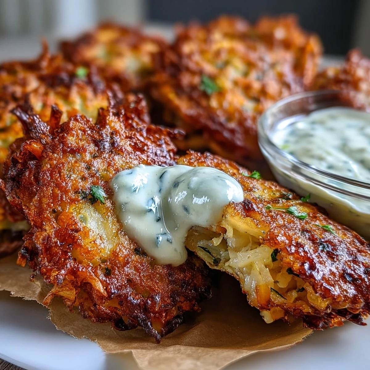 Golden-brown Cabbage Fritters With Dipping Sauce rest on a plate, featuring crispy edges and tender, steaming centers.