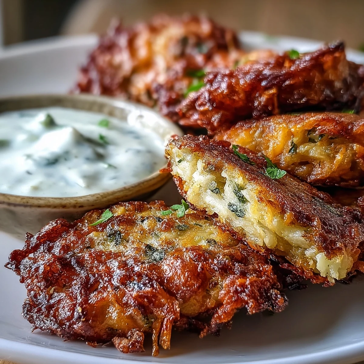 Homemade Cabbage Fritters With Dipping Sauce are arranged on a rustic wooden board, perfect for a savory appetizer.