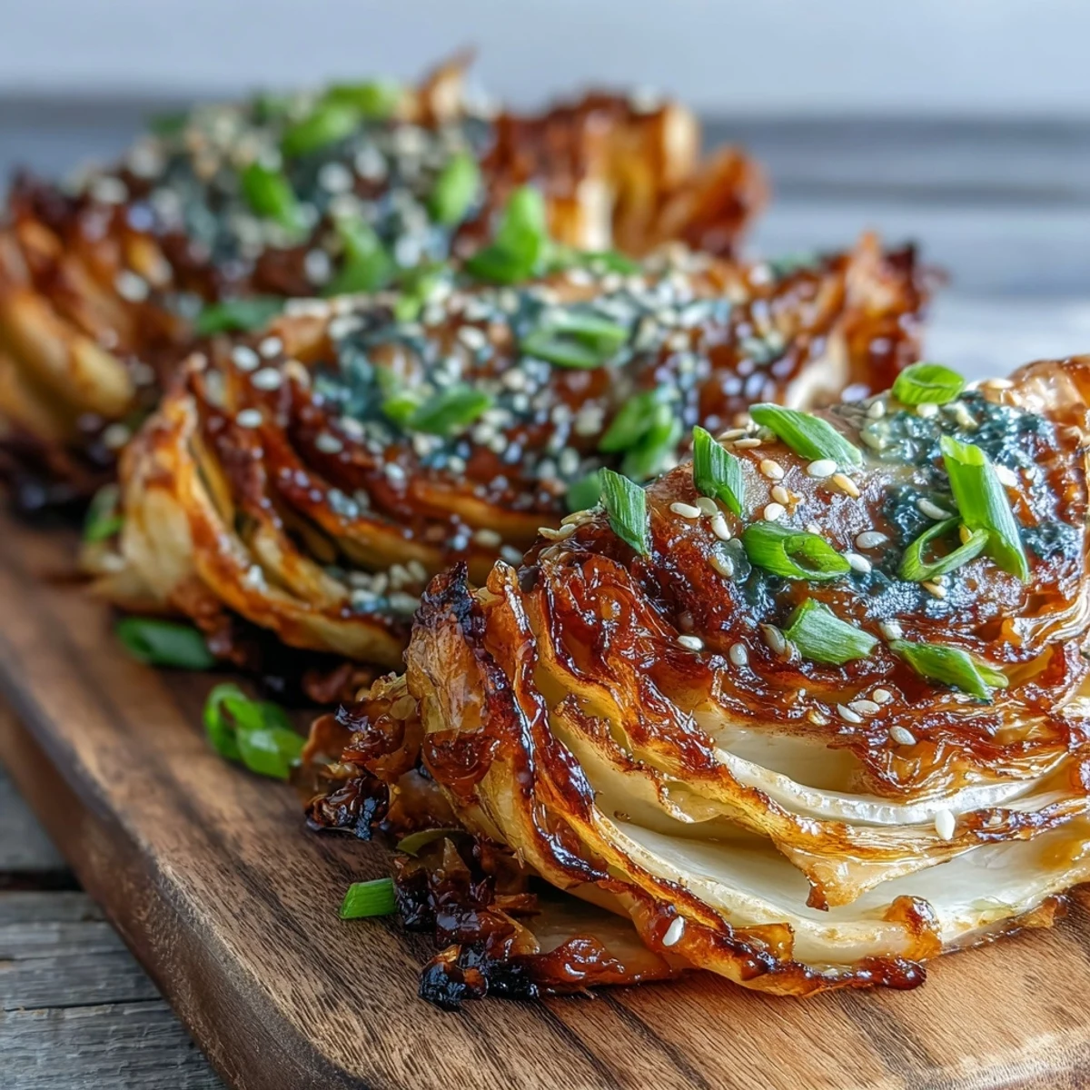 Glossy Miso Butter Roasted Cabbage Wedges with crisp edges and sesame seeds, an umami-rich vegetarian side dish.