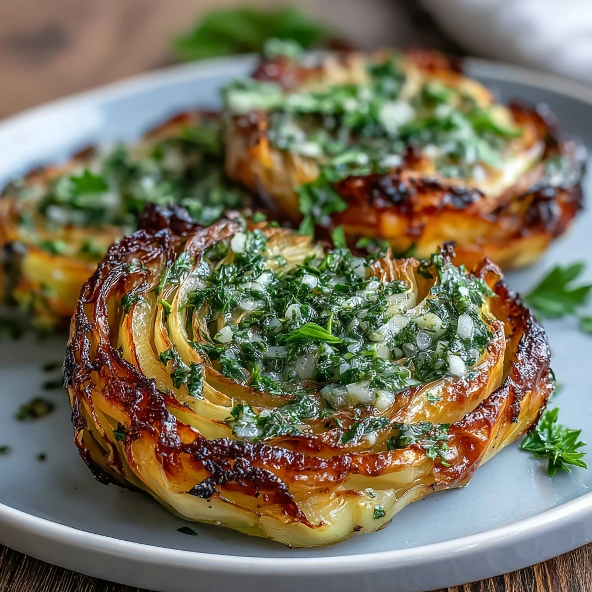 Golden-brown roasted cabbage steaks topped with vibrant jalapeño chimichurri on a rustic dinner plate.