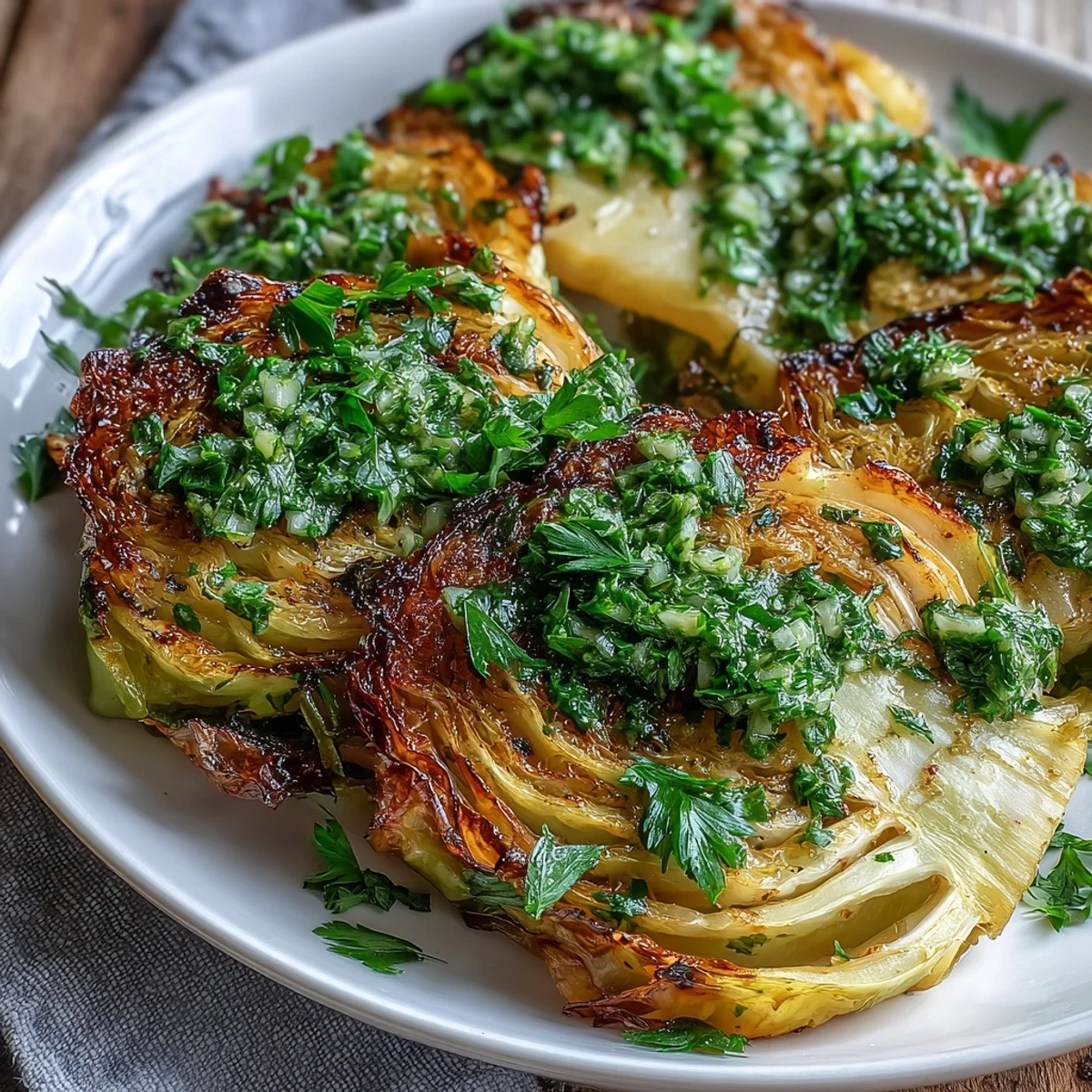 Thick roasted cabbage steaks drizzled with spicy jalapeño chimichurri sauce on a white platter.