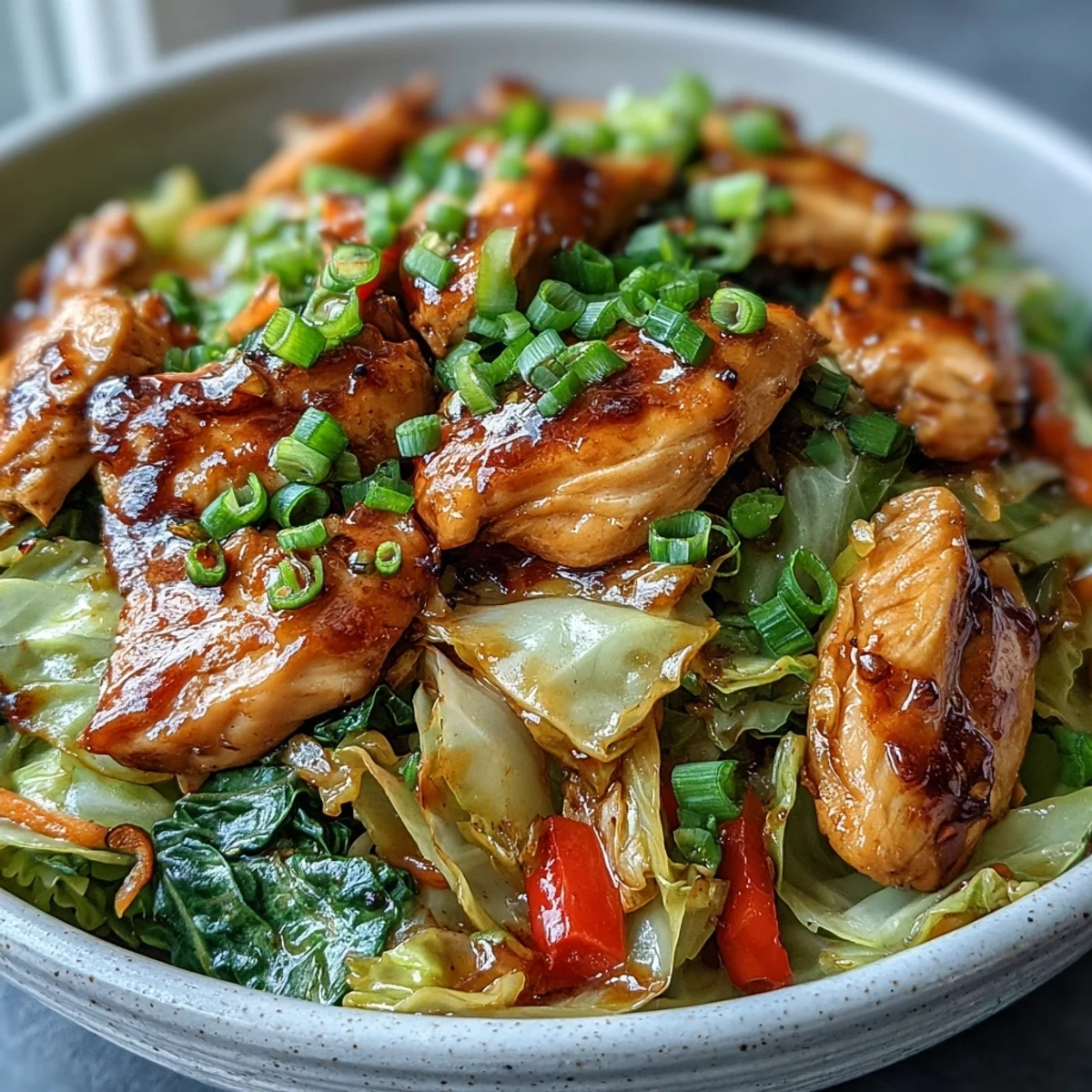 Chicken Cabbage Stir-Fry features juicy chicken and crisp cabbage tossed in a glossy, savory sauce, served steaming hot over white rice for a satisfying weeknight dinner.