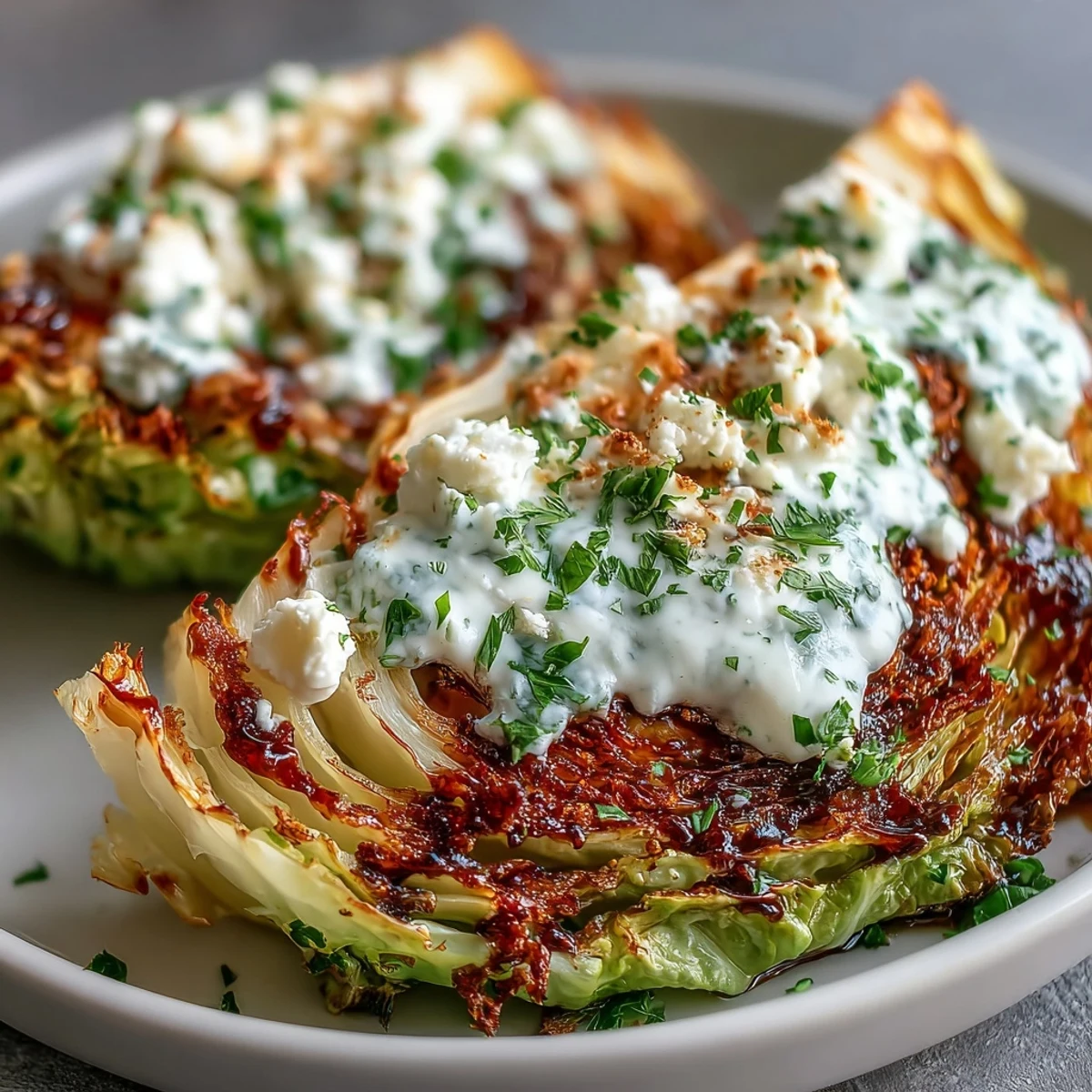 Crispy Cabbage Steaks with Feta and Balsamic garnished with lemon zest, arranged on a platter for a vibrant vegetarian meal.