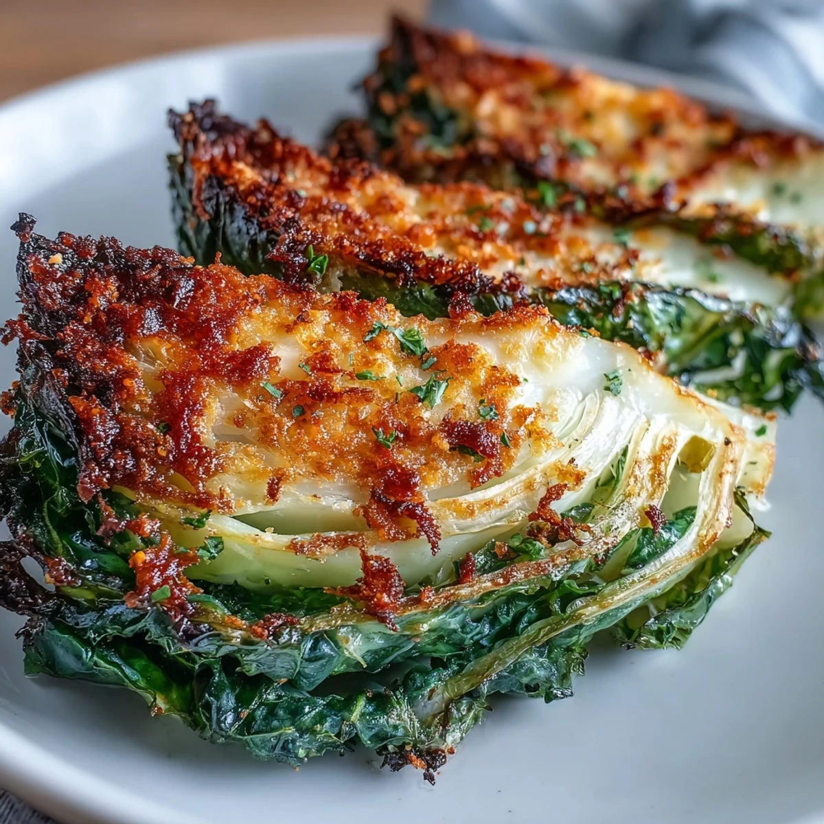 Roasted Garlic Parmesan Cabbage Wedges with golden, crispy edges and tender centers on a rustic serving platter.  