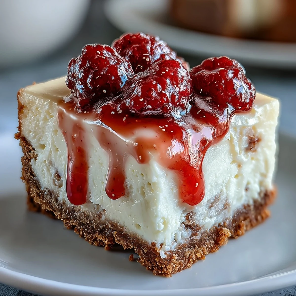 A close-up of Indulgent White Chocolate Raspberry Cheesecake Bliss slice, showing creamy texture and red raspberry swirls on a graham cracker crust, garnished with fresh berries.
