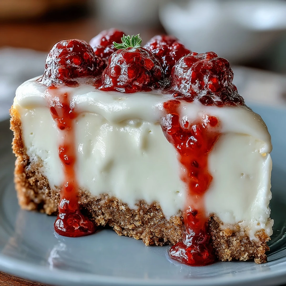 Indulgent White Chocolate Raspberry Cheesecake Bliss topped with fresh raspberries and drizzled white chocolate on a rustic plate, perfect for an elegant dinner party dessert.