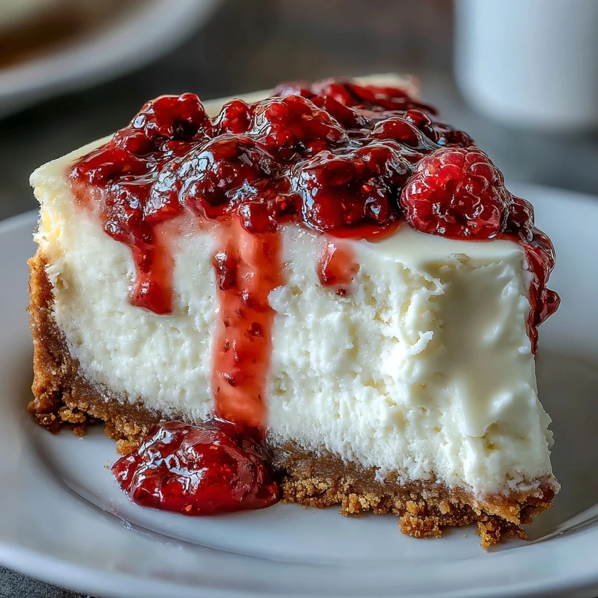 Side view of a whole Indulgent White Chocolate Raspberry Cheesecake Bliss revealing marbled filling and buttery graham cracker crust, ready to slice and serve.
