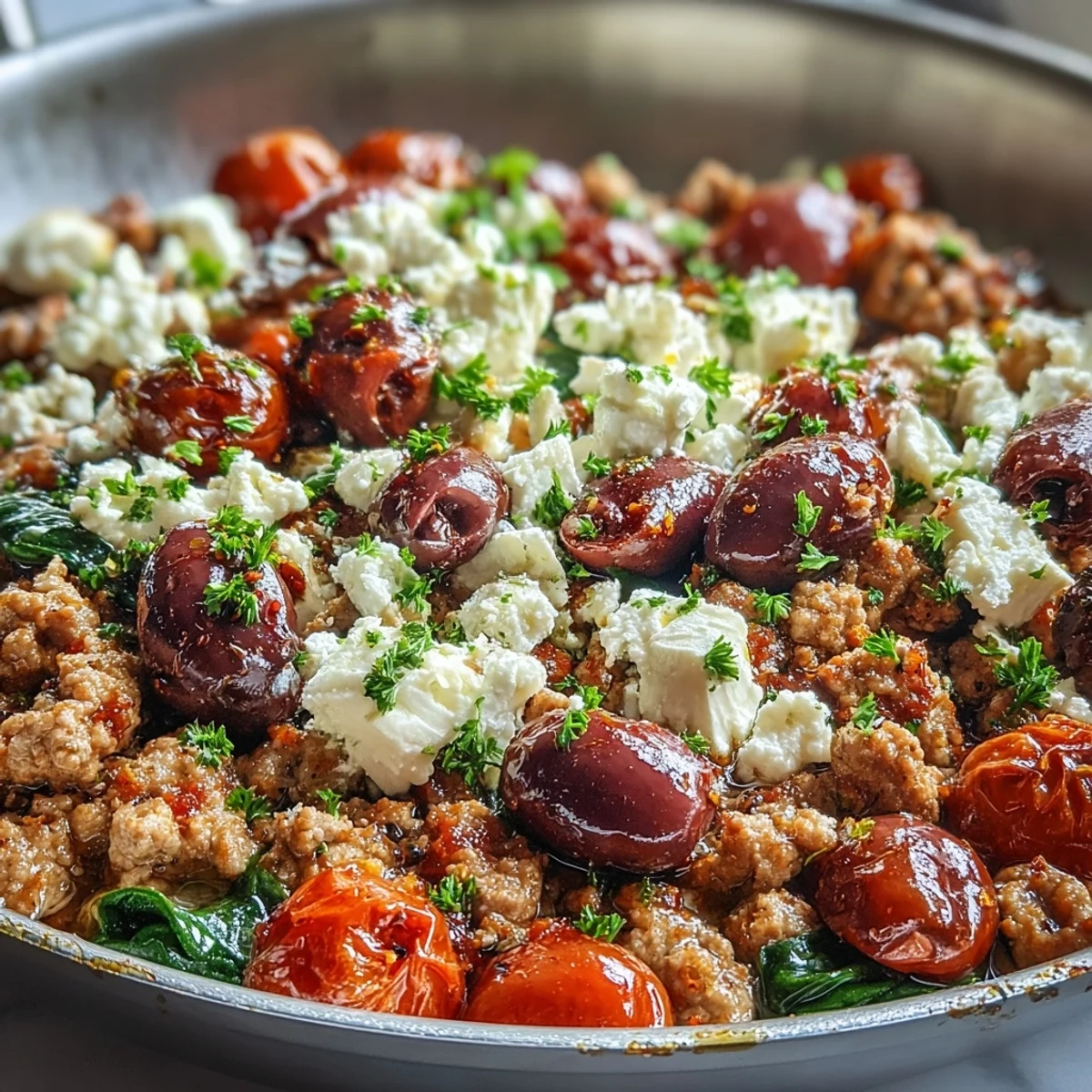 A plated serving of Mediterranean Keto Ground Chicken Skillet with Olives and Feta, featuring vibrant cherry tomatoes and Kalamata olives alongside fresh arugula.